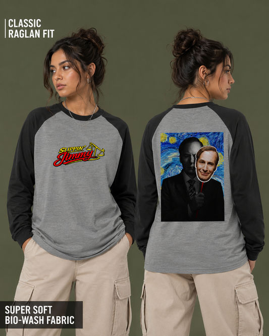 A model shown from the front and back wearing a heather gray and black raglan long-sleeve shirt. The front features a 'Shit is Young' graphic, and the back features a large graphic print of a portrait with a Starry Night background.