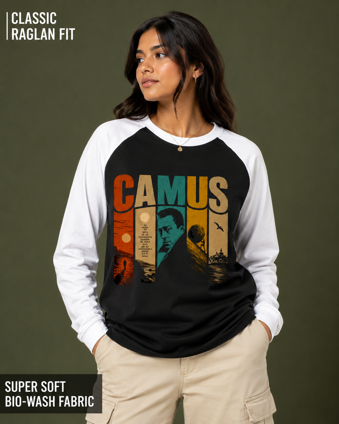 A woman wearing a black and white raglan long-sleeve shirt with a colorful retro-style 'CAMUS' graphic on the front, paired with beige cargo pants, against a dark olive background. Text overlays highlight the product features.