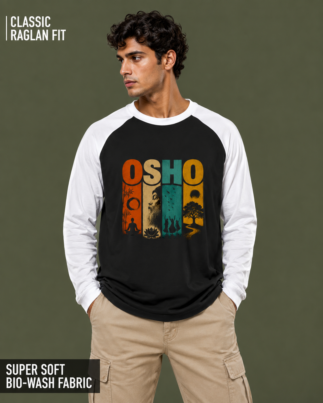 A man wearing a raglan-style long-sleeve shirt with a black body, white sleeves, and a colorful retro 'OSHO' graphic on the chest, paired with khaki cargo pants against an olive green background. Text overlays mention 'CLASSIC RAGLAN FIT' and 'SUPER SOFT BIO-WASH FABRIC'.