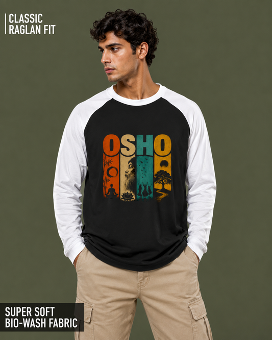 A man wearing a raglan-style long-sleeve shirt with a black body, white sleeves, and a colorful retro 'OSHO' graphic on the chest, paired with khaki cargo pants against an olive green background. Text overlays mention 'CLASSIC RAGLAN FIT' and 'SUPER SOFT BIO-WASH FABRIC'.