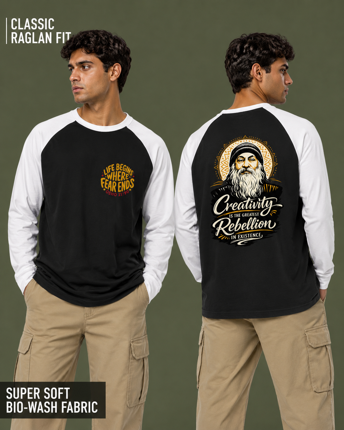 A man modeling a black and white raglan long-sleeve shirt, shown from both front and back views against a solid dark olive background. The front features a small yellow graphic on the left chest, while the back features a large graphic of a bearded man with a halo and the text 'Creativity is Rebellion' in white and yellow.