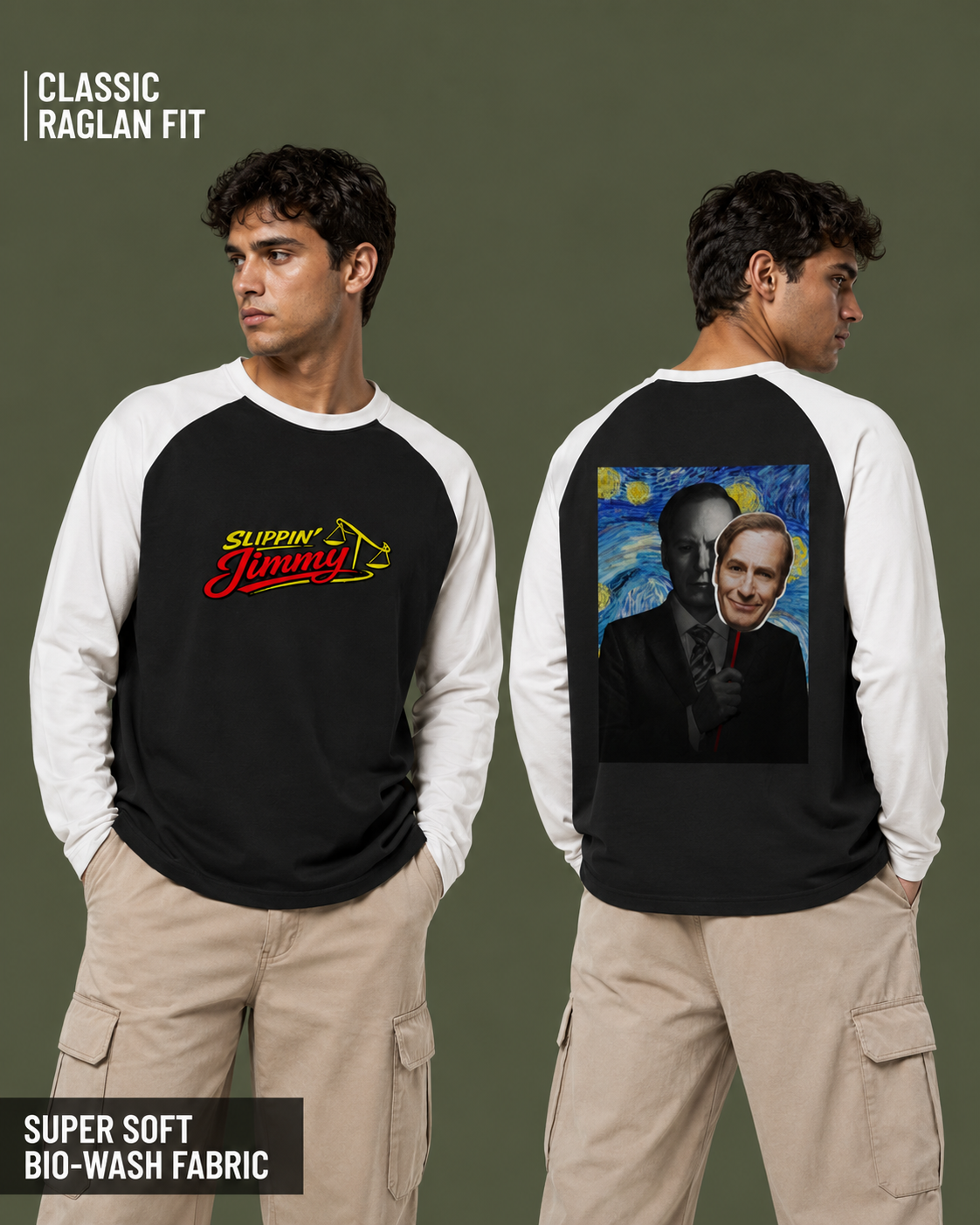 A man modeling a black and white raglan long-sleeve shirt, shown from both front and back. The front has a yellow and red 'Slipping Jimmy' graphic, and the back features a large printed portrait graphic.